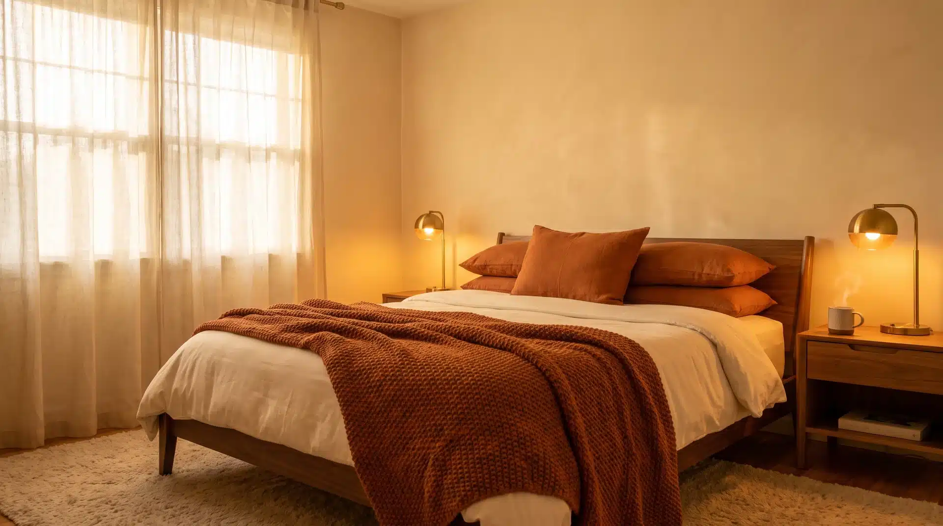Cozy bedroom with burnt orange cushions, chunky knit throw on ivory bedding, brass lamp glow and cream limewash walls in morning light.