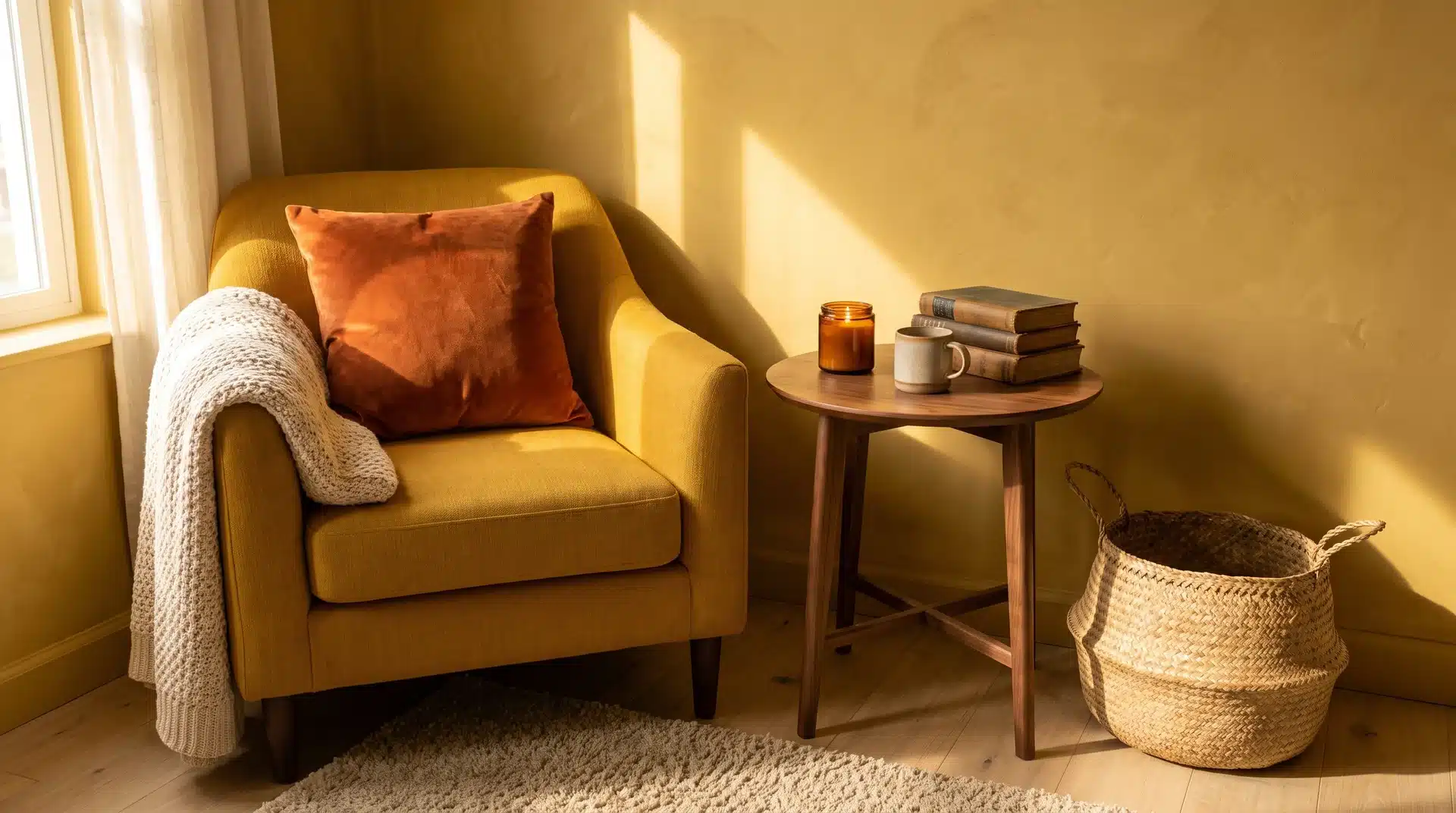 Mustard yellow armchair with burnt orange cushion and cream throw in cozy reading nook with warm limewash walls and glowing candle.