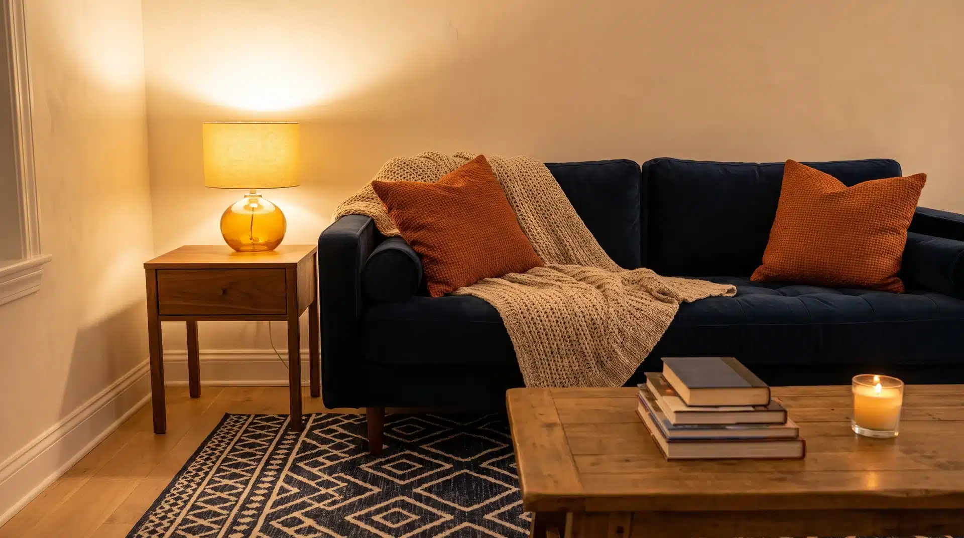Cozy US living room with plush burnt orange velvet sofa, ivory throws, amber lamp glow and golden afternoon light through linen curtains.