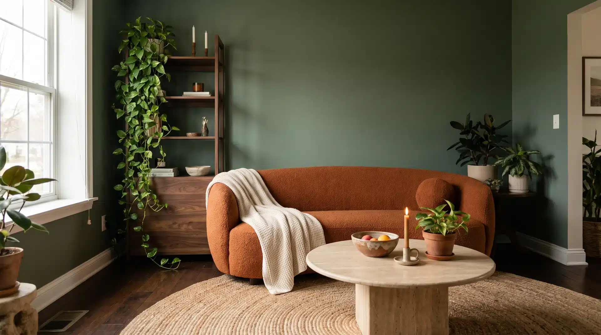 Burnt orange bouclé sofa with cream throw against sage green walls, jute rug, travertine coffee table and trailing plant in cozy US living room.