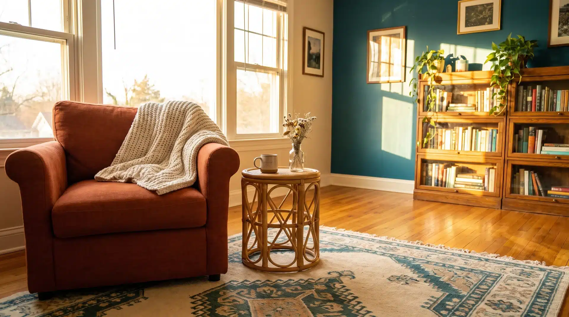 Burnt orange linen armchair with ivory throw against teal accent wall and kilim rug with afternoon light in cozy US living room.