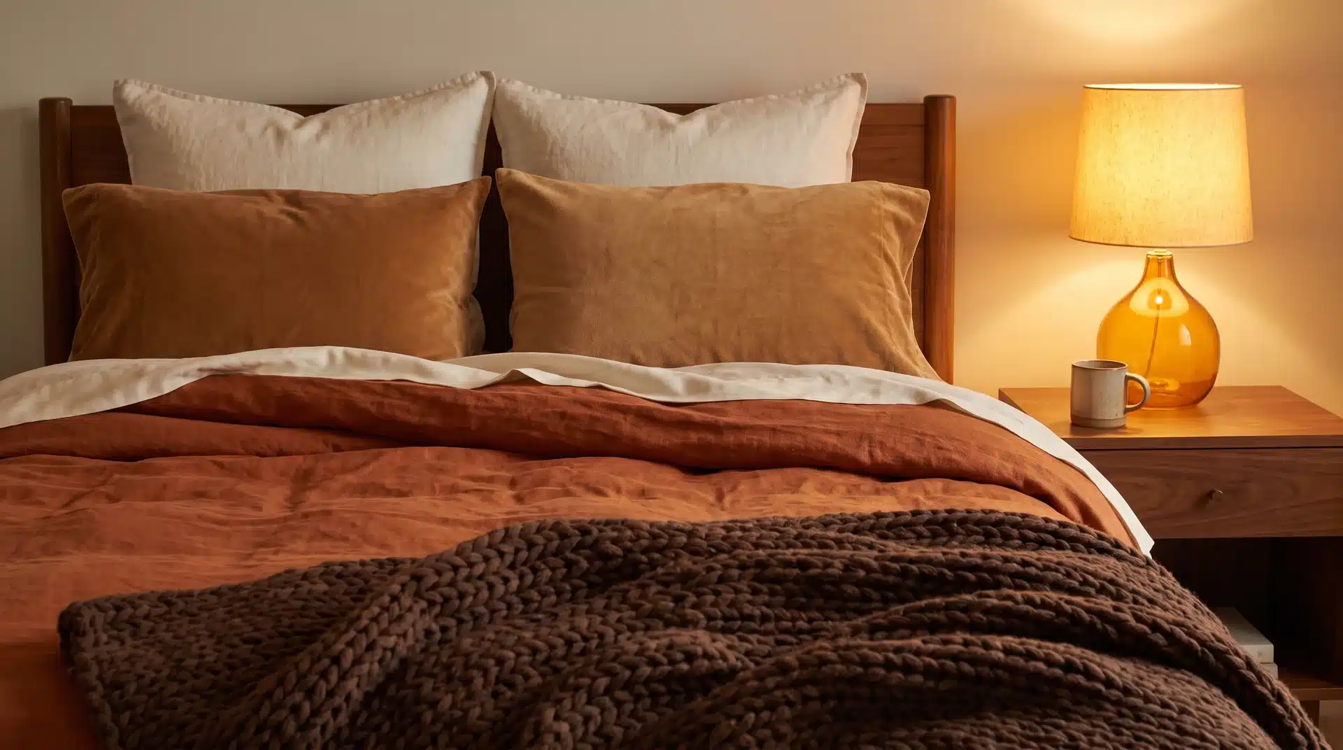Burnt orange linen duvet with chocolate knit throw, caramel velvet pillows and warm amber lamp glow on walnut bedside in cozy US bedroom.