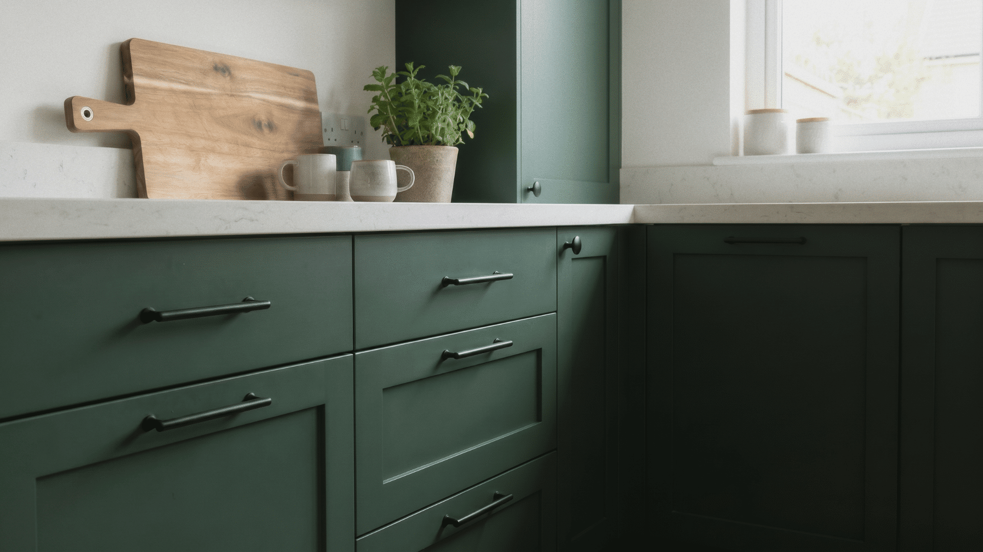 Modern kitchen cabinets with matte black handles, navy and forest green finishes, clean wooden surface, minimal design, soft lighting.