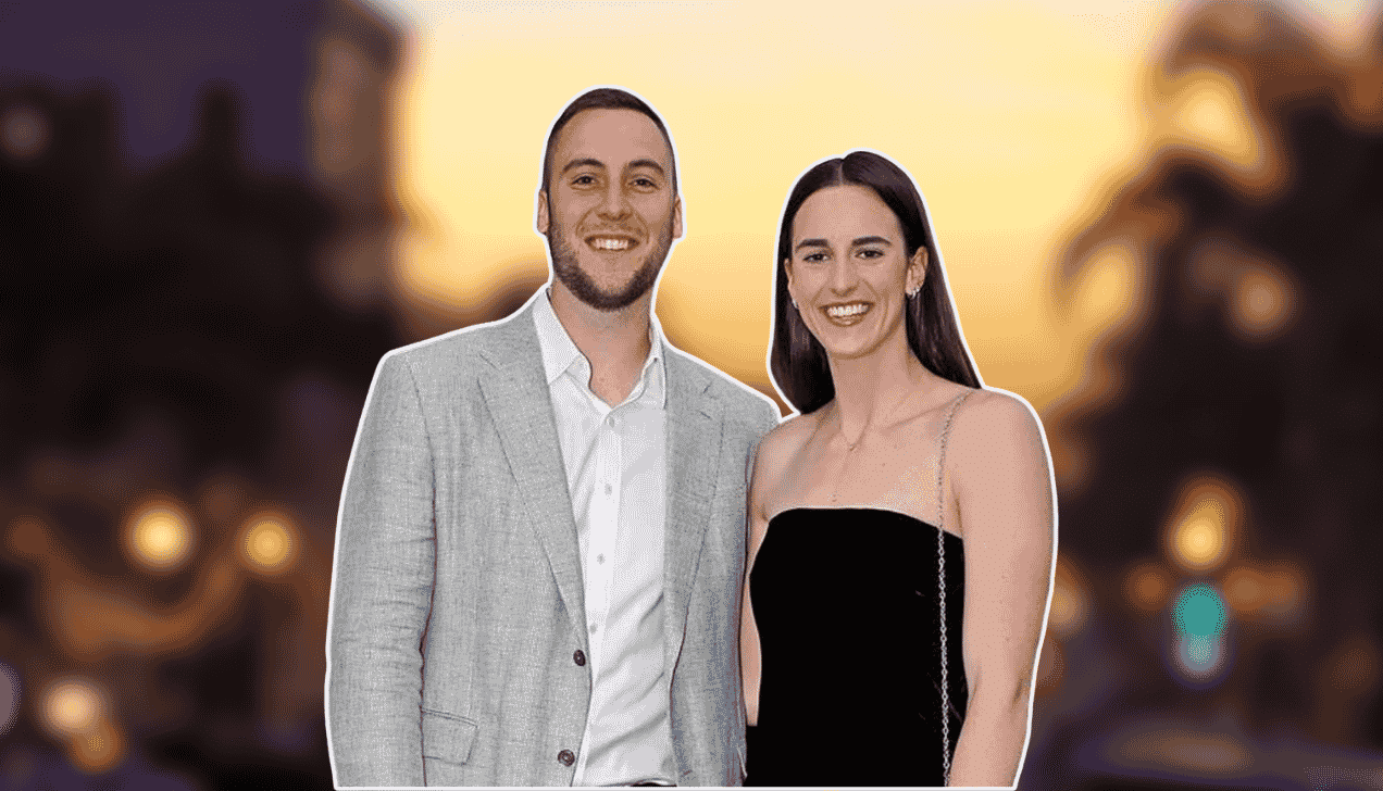 Caitlin Clark's boyfriend, Connor McCaffrey, in a grey suit, standing next to Clark in a black dress.