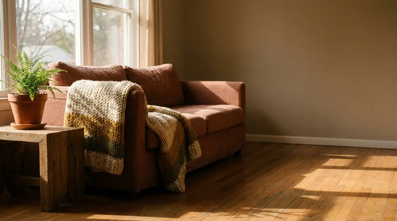 Cozy living room with brown sofa, knitted throw, and potted fern on wooden table