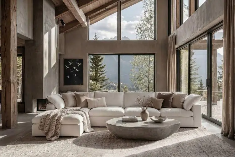 Spacious living room with white sectional sofa, large windows, and mountain view