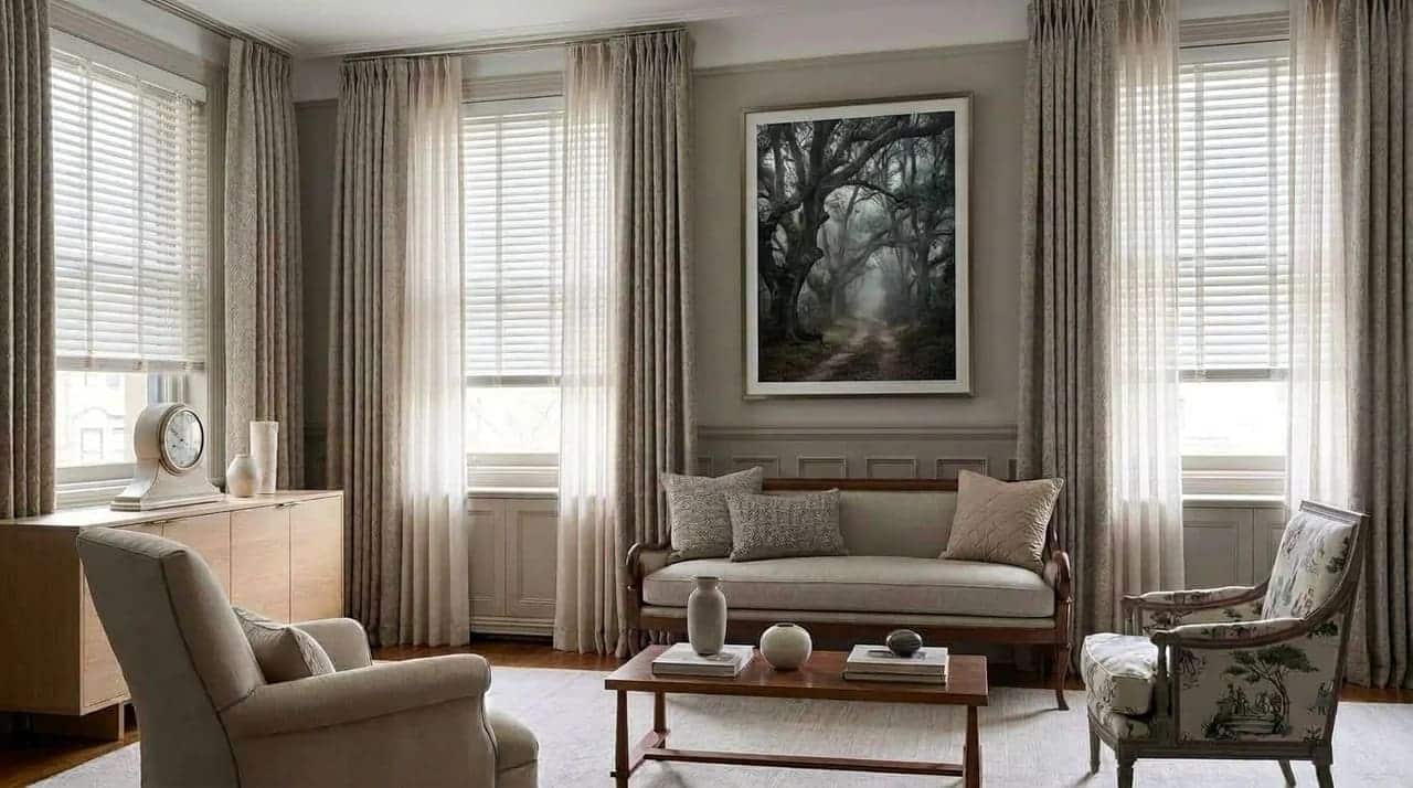 Living room with white blinds behind curtains and natural light through windows
