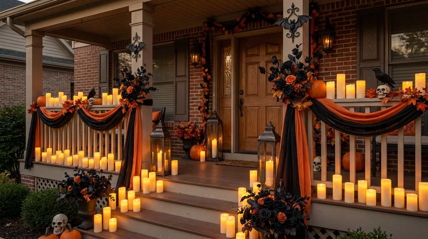 Halloween porch decorated with flameless candles, lanterns, pumpkins, and warm seasonal lighting