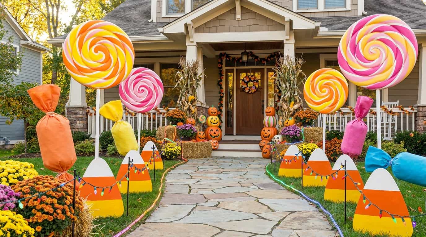 Candy-themed Halloween yard with oversized lollipops and colorful decorations