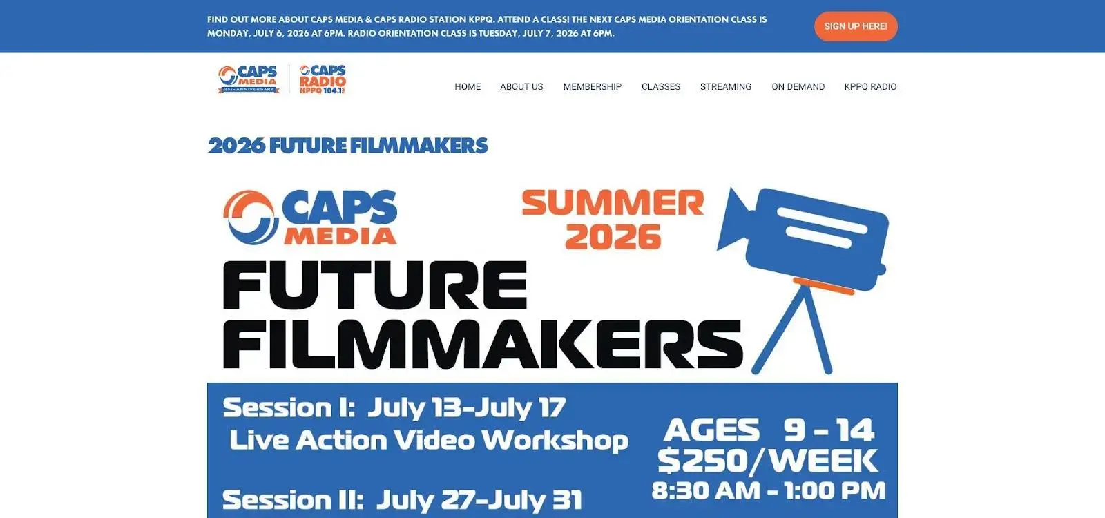 Blue and orange graphic design with film camera icon and text promoting future filmmakers program