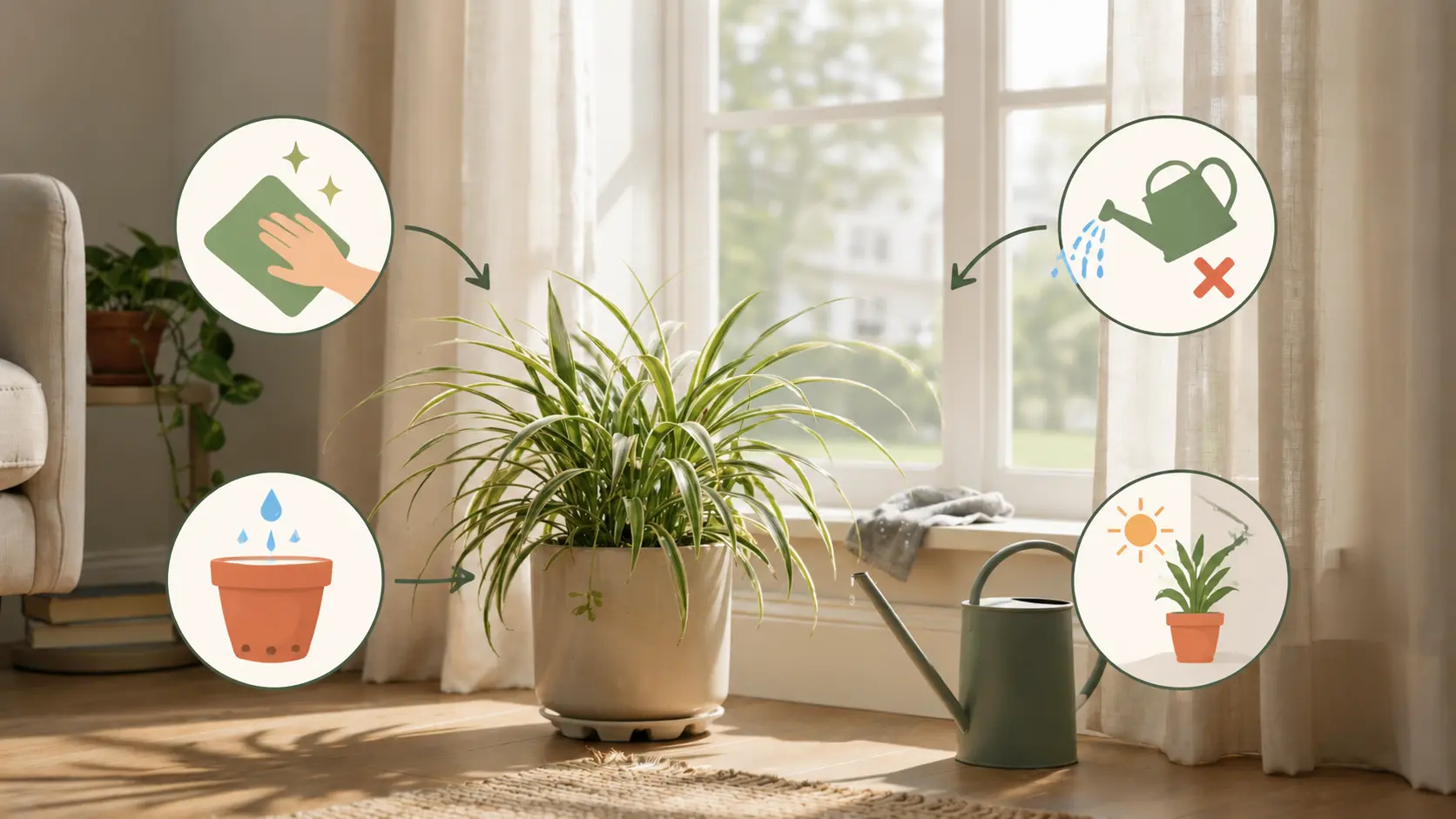 Air-purifying houseplant with arrows labeling light, drainage, cleaning cloth, and watering can in a home setting.