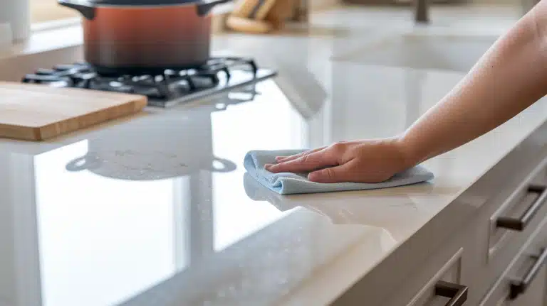 A person using a light blue microfiber cloth to wipe down a clean, glossy white quartz kitchen countertop.