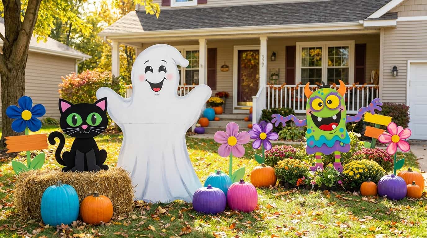 Cartoon-style Halloween yard display with friendly ghosts, cats, and monsters
