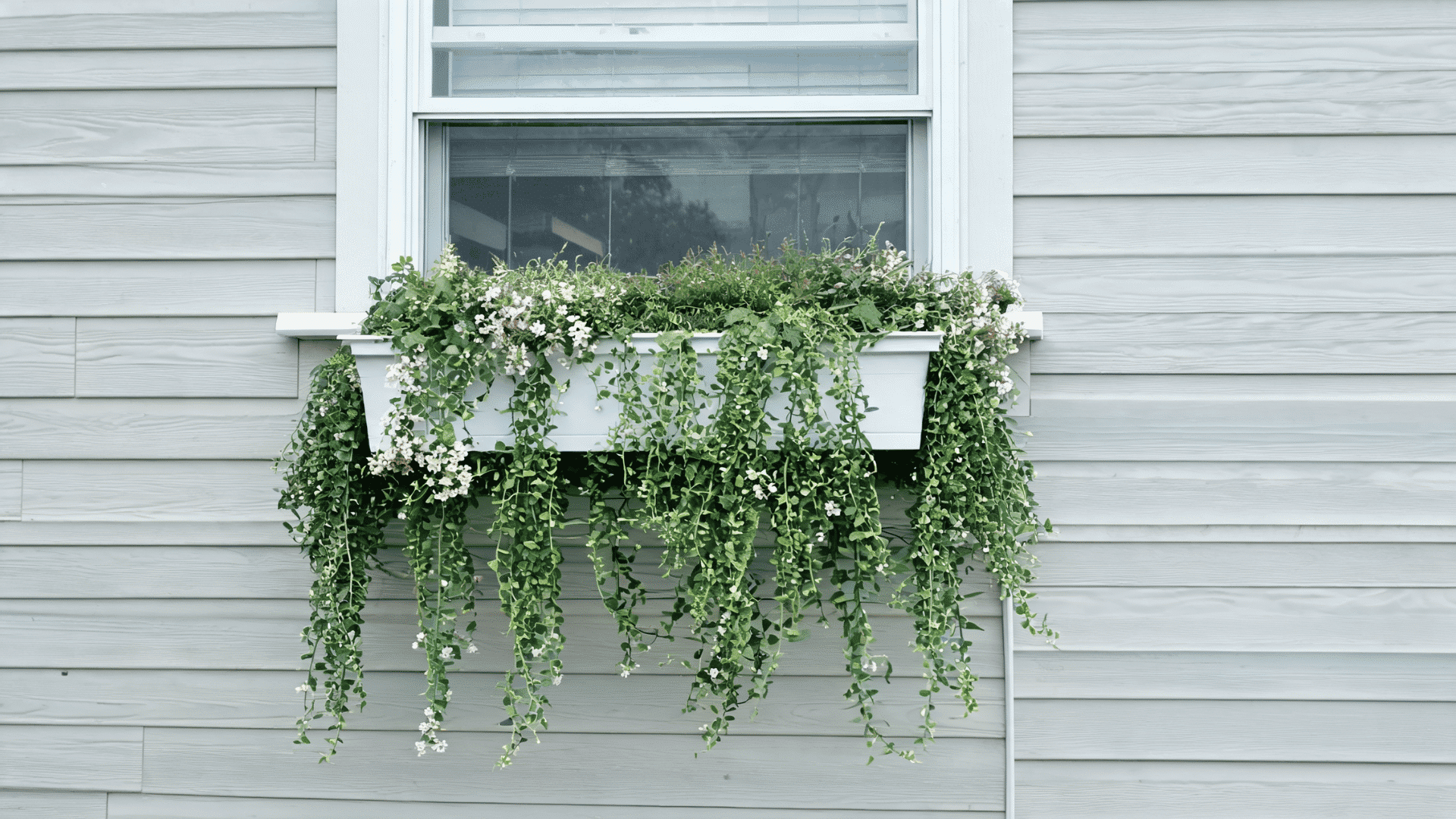 White window box filled with cascading green vines and small white flowers beneath a house window.