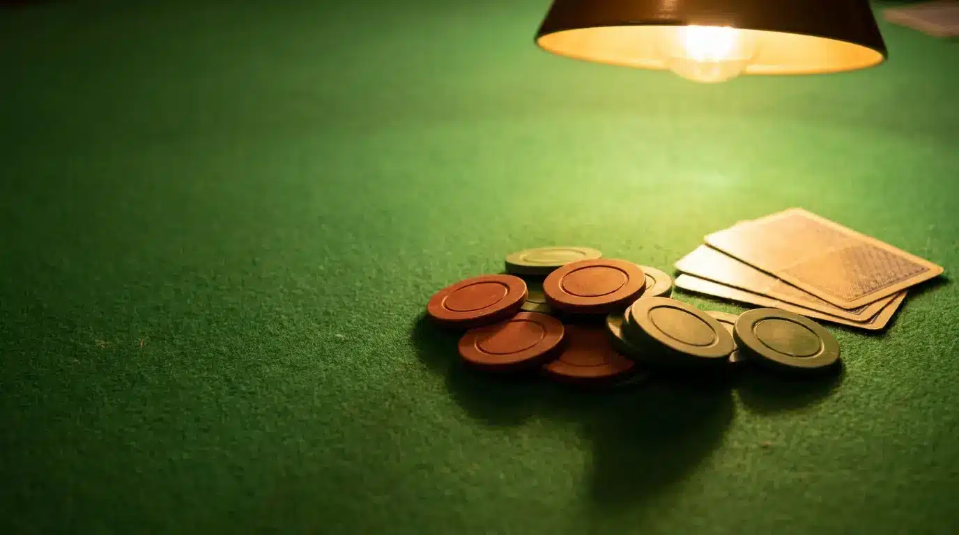 Poker chips stacked with playing cards on green felt table under warm light