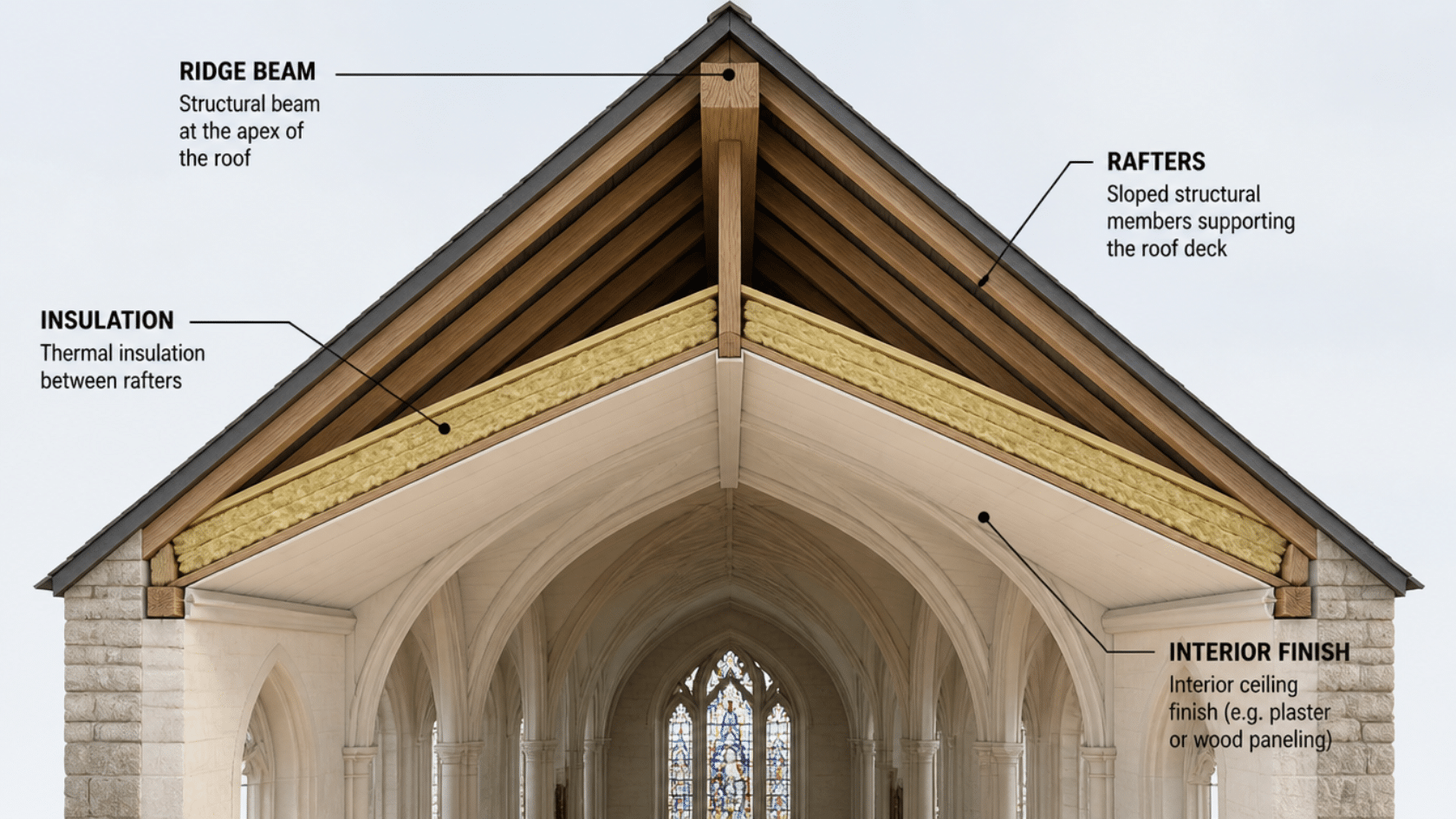 Cutaway house roof showing ridge beam, rafters, insulation, and ceiling finish layers