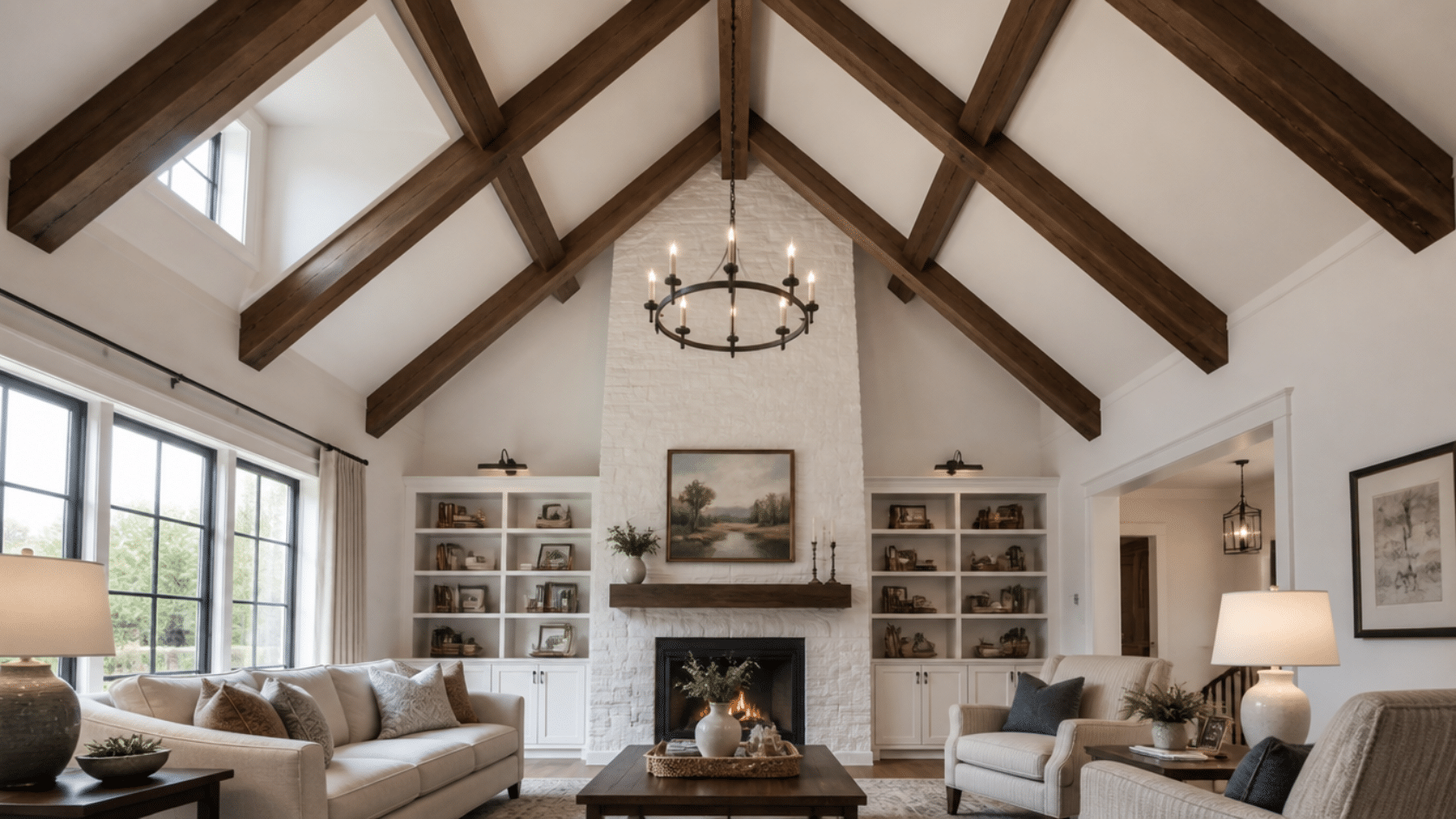 Living room interior with symmetrical cathedral ceiling, exposed wooden beams, central chandelier, fireplace, and built-in shelves