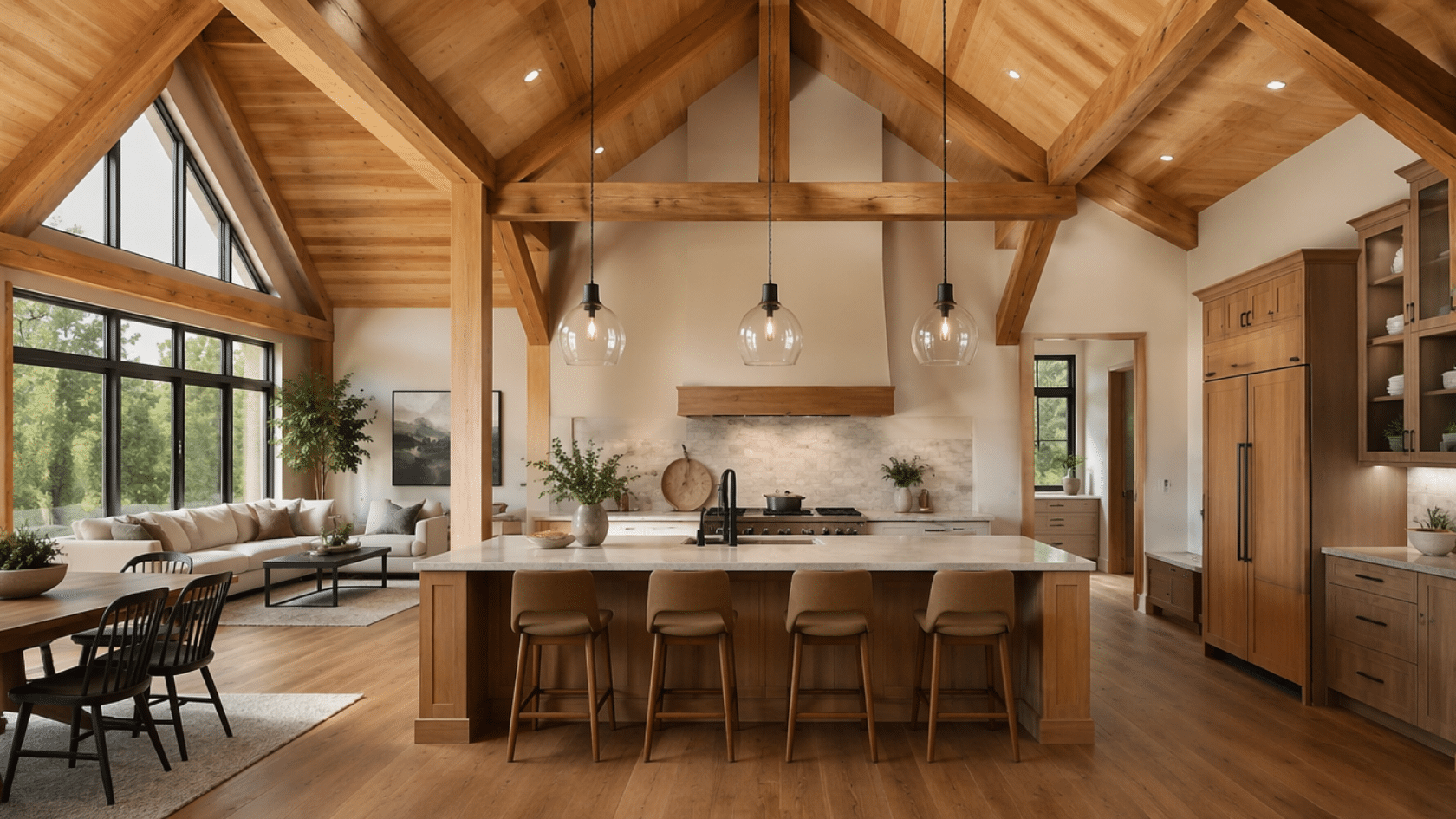 Kitchen with cathedral ceiling, open wood beams, and pendant lights in open-plan interior