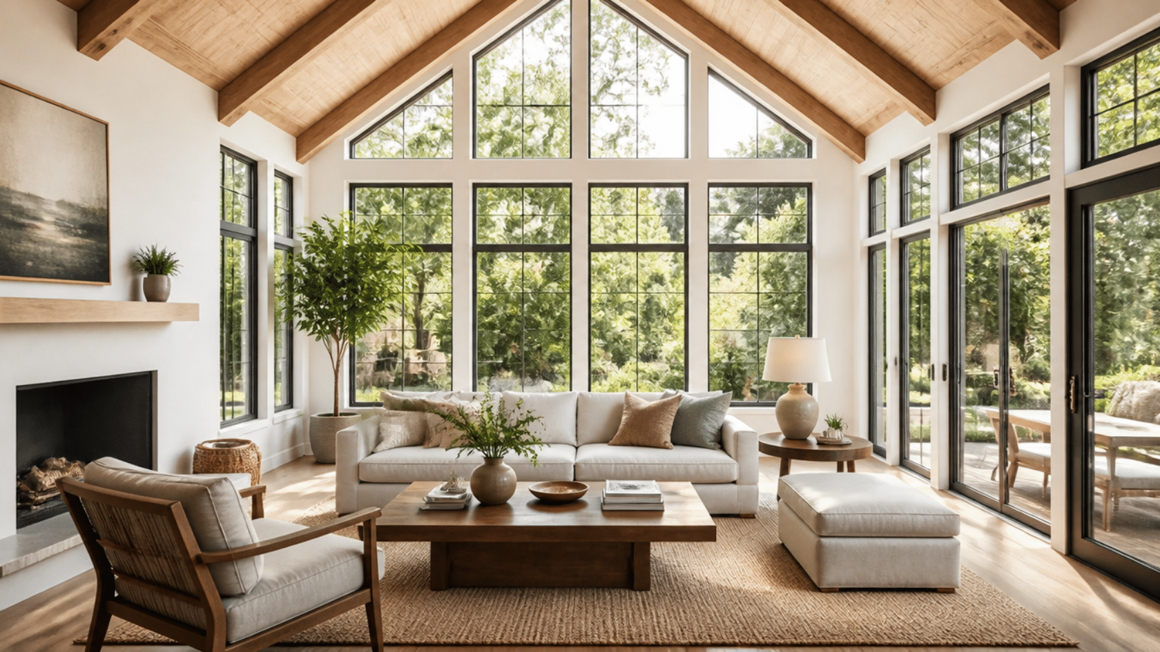 Cathedral ceiling living room with floor-to-ceiling gable windows filling interior with natural light