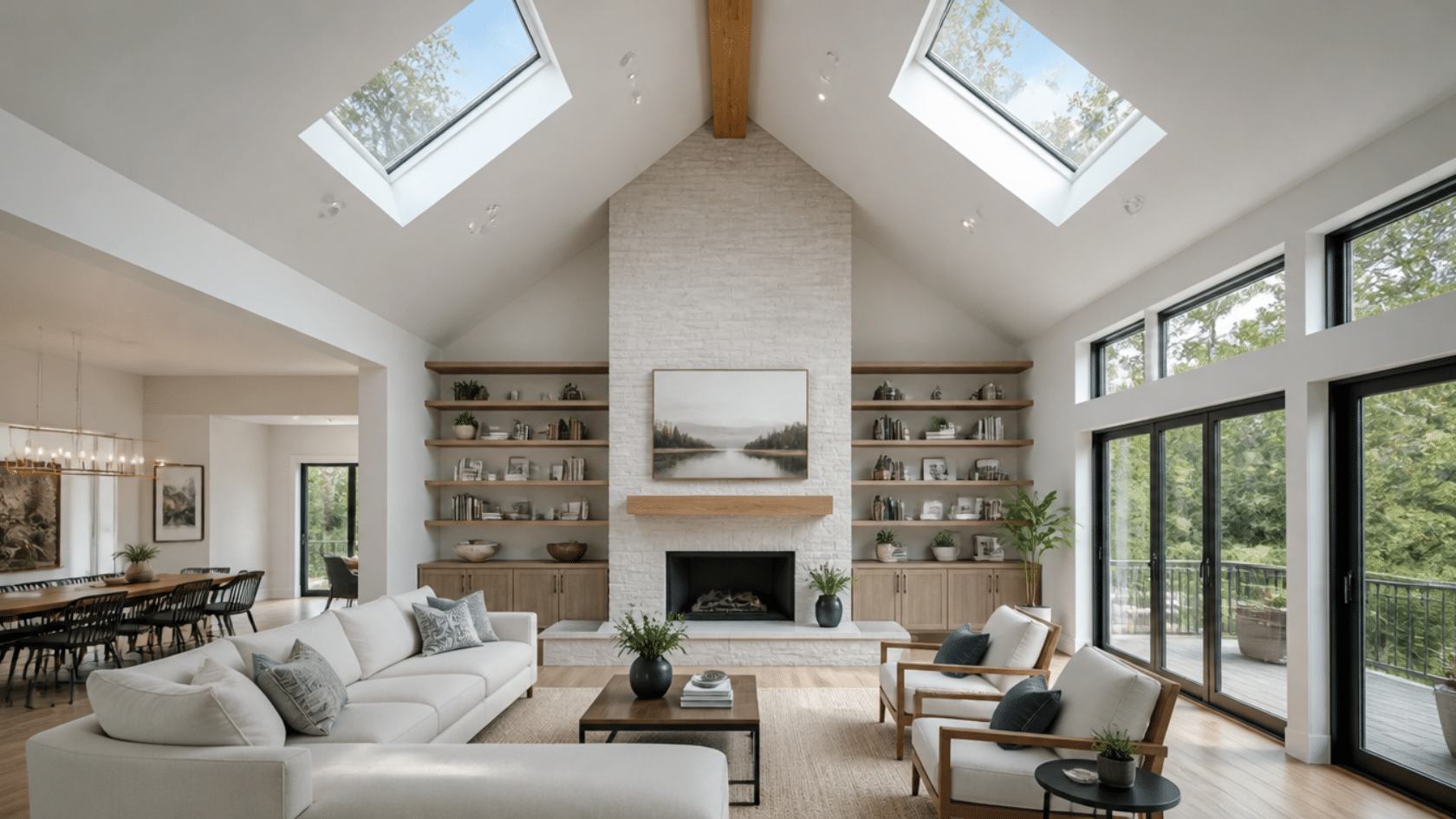 Cathedral ceiling with skylights on both roof slopes lighting a modern interior living space