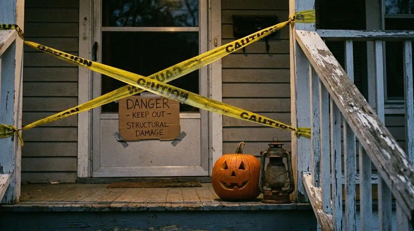 Front door wrapped in yellow caution tape for a Halloween entrance
