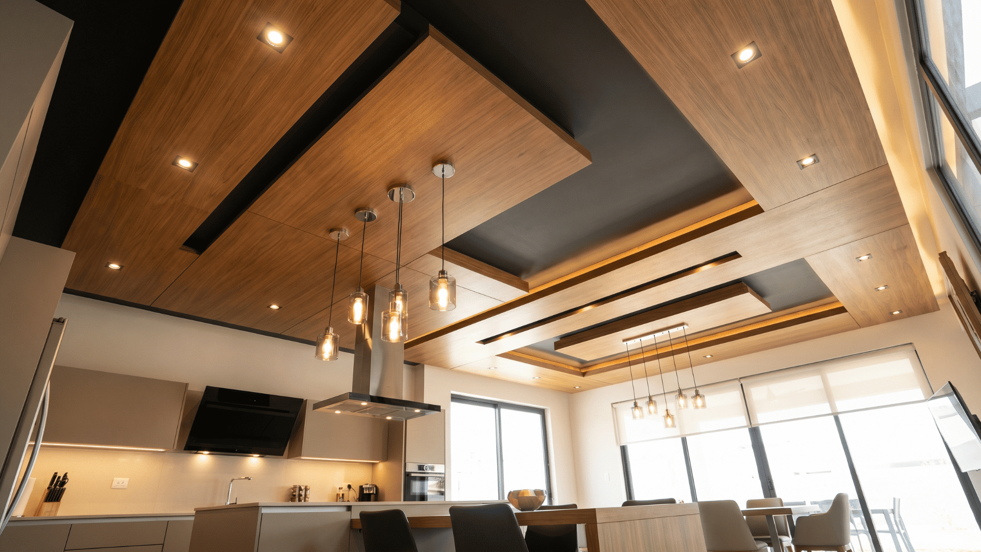 Modern kitchen ceiling with wood panels, pendant lights, and recessed lighting creating a structured zoned layout.