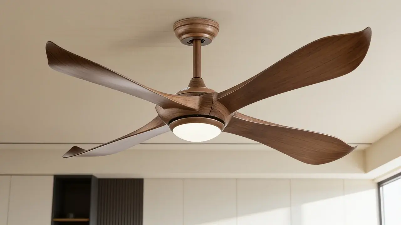 Modern ceiling fan with wide blades installed in a bright living room with contemporary home decor.