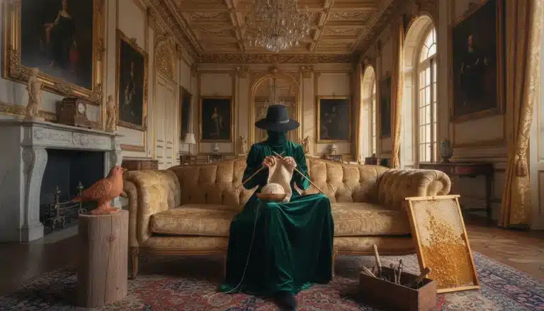 Person in emerald green dress knitting on vintage sofa in opulent, ornate room
