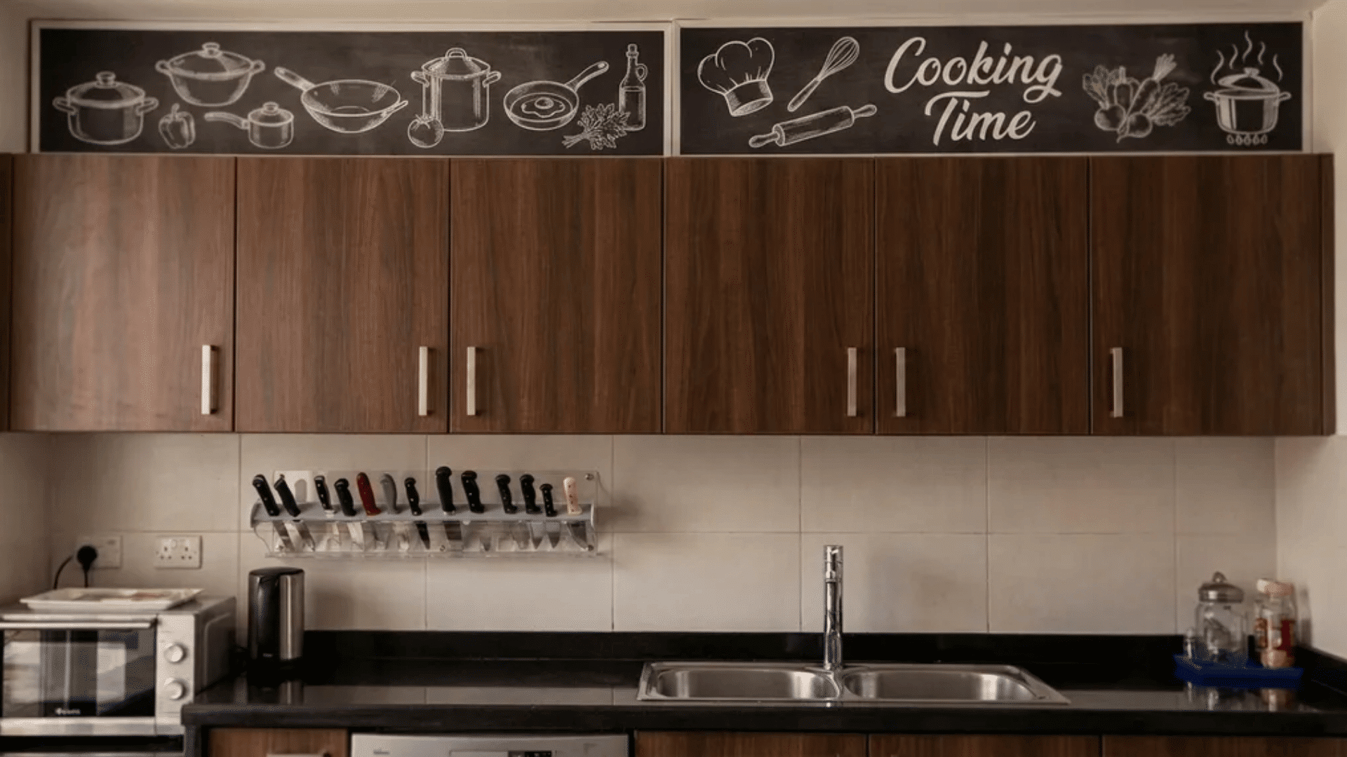 Chalkboard panels with cooking illustrations and