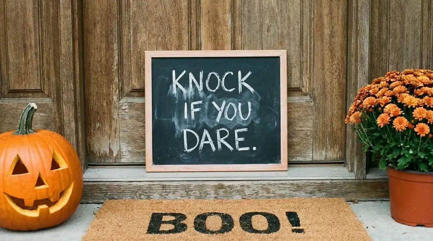 Chalkboard sign with a Halloween pun propped beside a front door