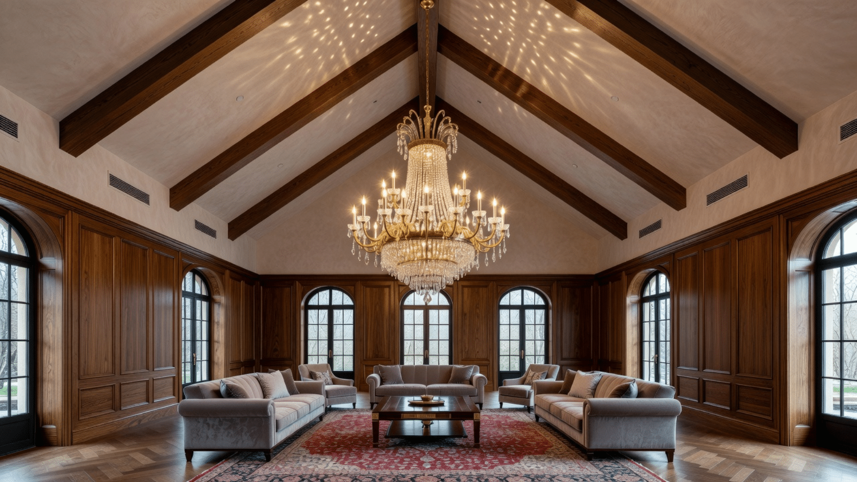 Cathedral ceiling with large chandelier hanging on long downrod in open interior room