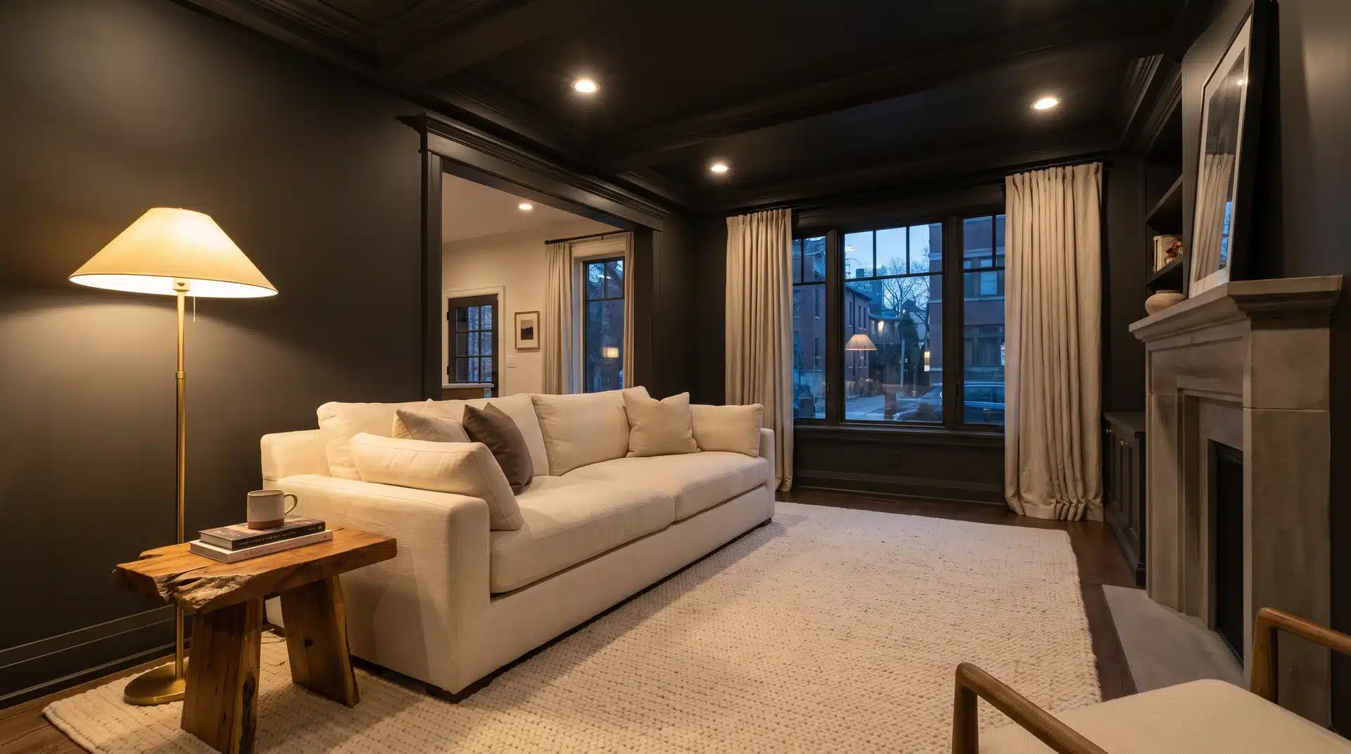 Full living room with Sherwin-Williams Iron Ore charcoal walls cream sofa and warm brass lamp.