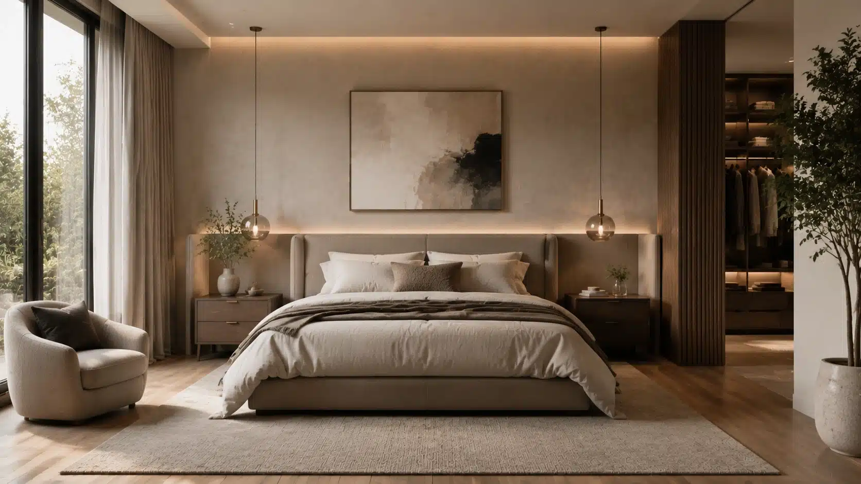 Contemporary bedroom with neutral tones, soft textures, warm lighting, and minimalist modern furniture