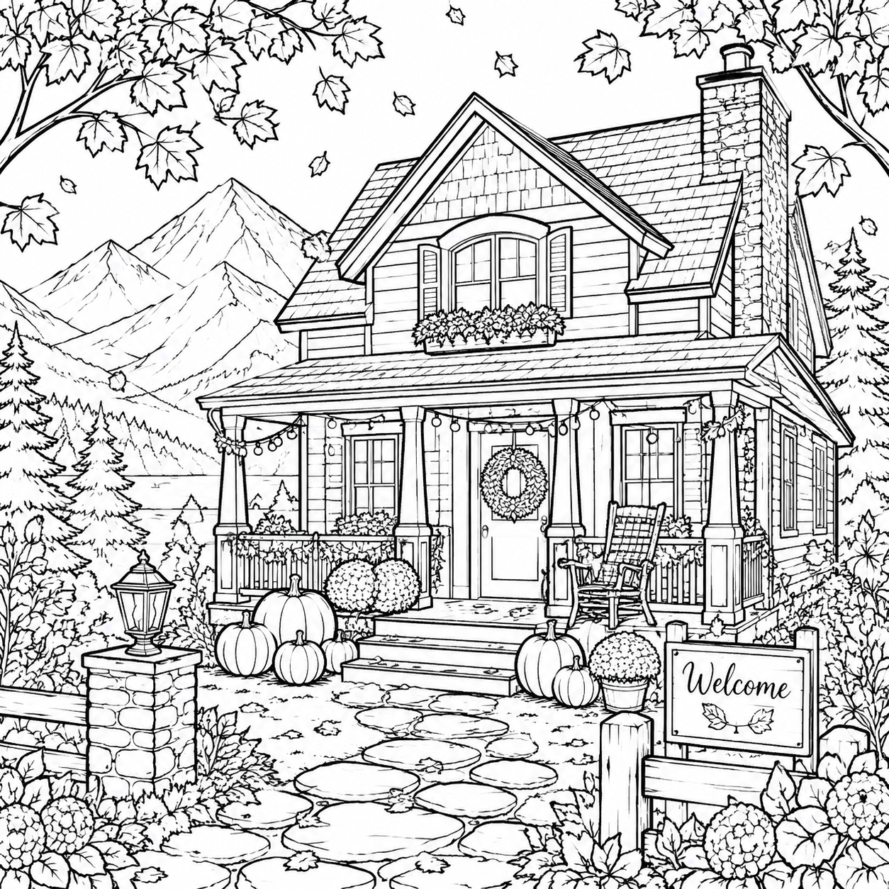 Cozy autumn house coloring page with pumpkins, mountain view, and fall decorations for kids to color