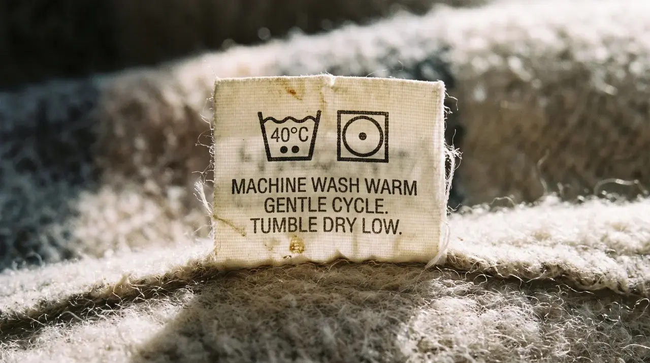 lose-up of a care label on a heated blanket with washing symbols and temperature instructions for safe cleaning.