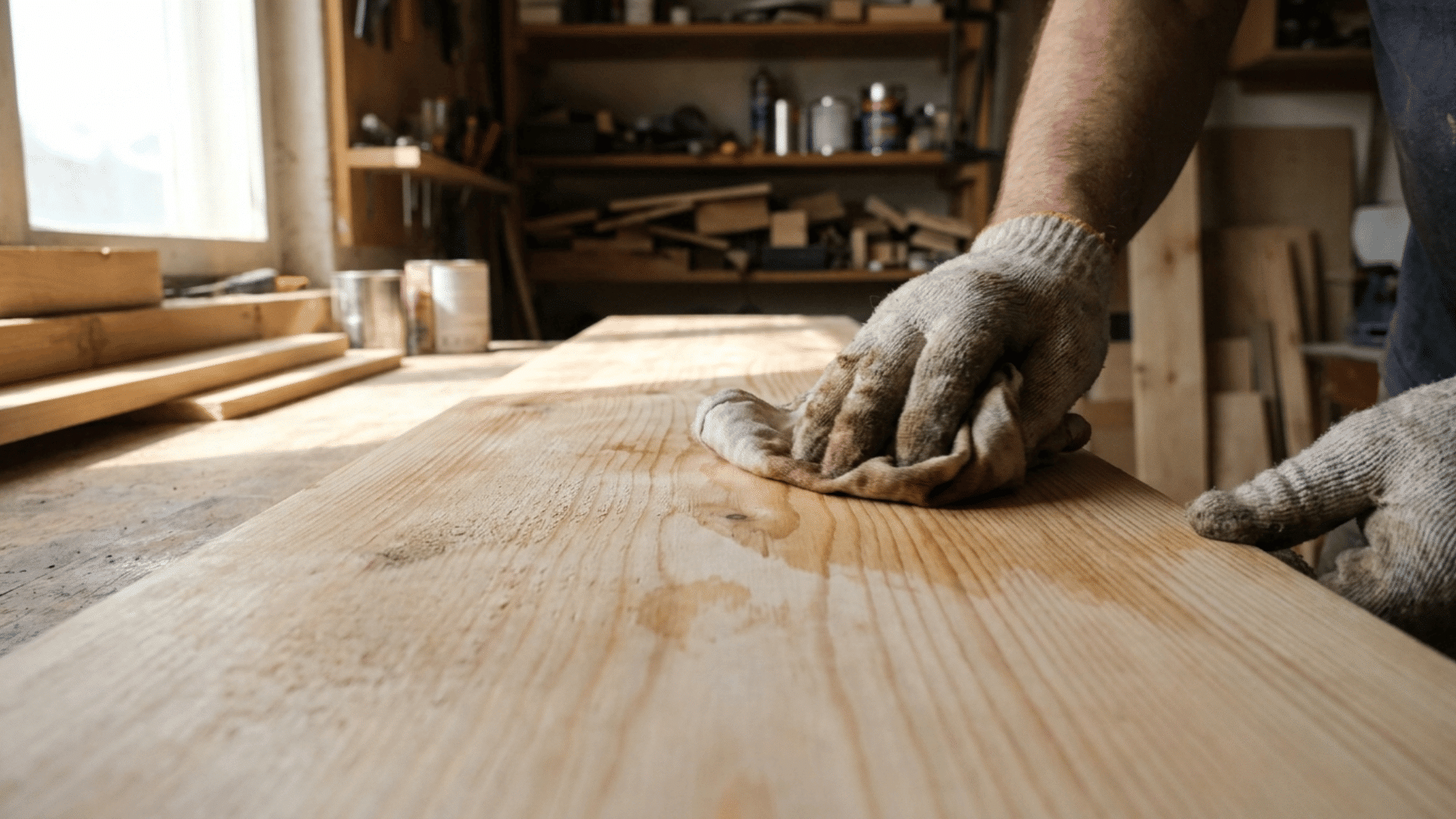 Hand wearing a glove wiping a flat wooden board with a cloth to check for missed stain spots in a workshop