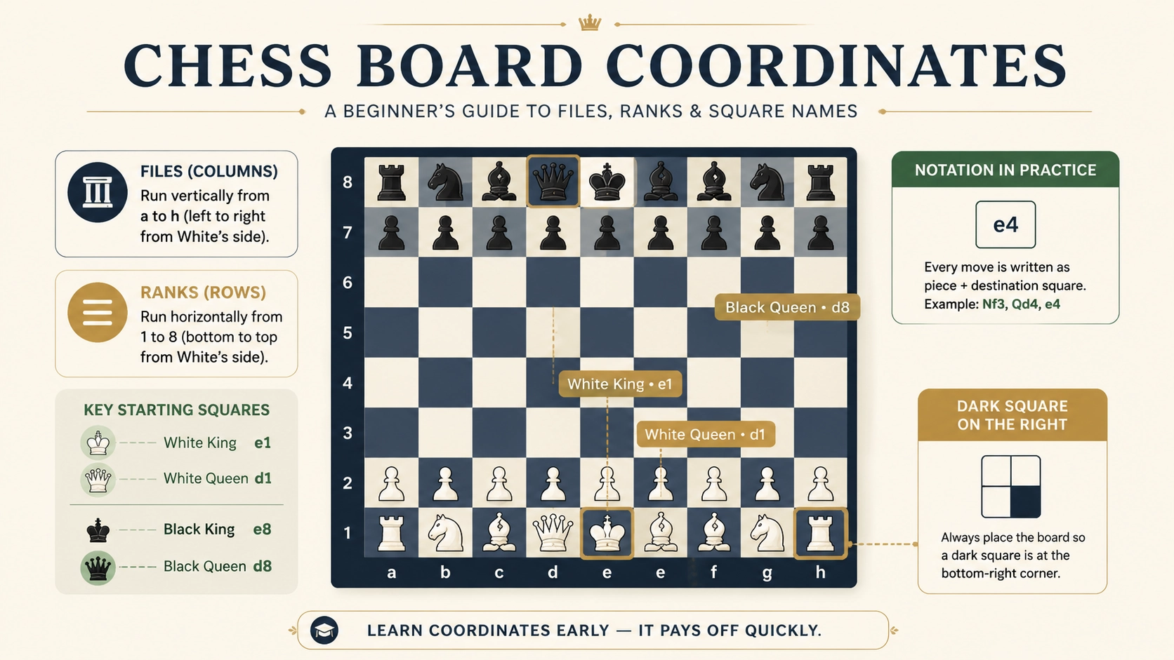 Chessboard diagram showing files, ranks, key starting squares, and common opening moves for beginners learning chess coordinates.