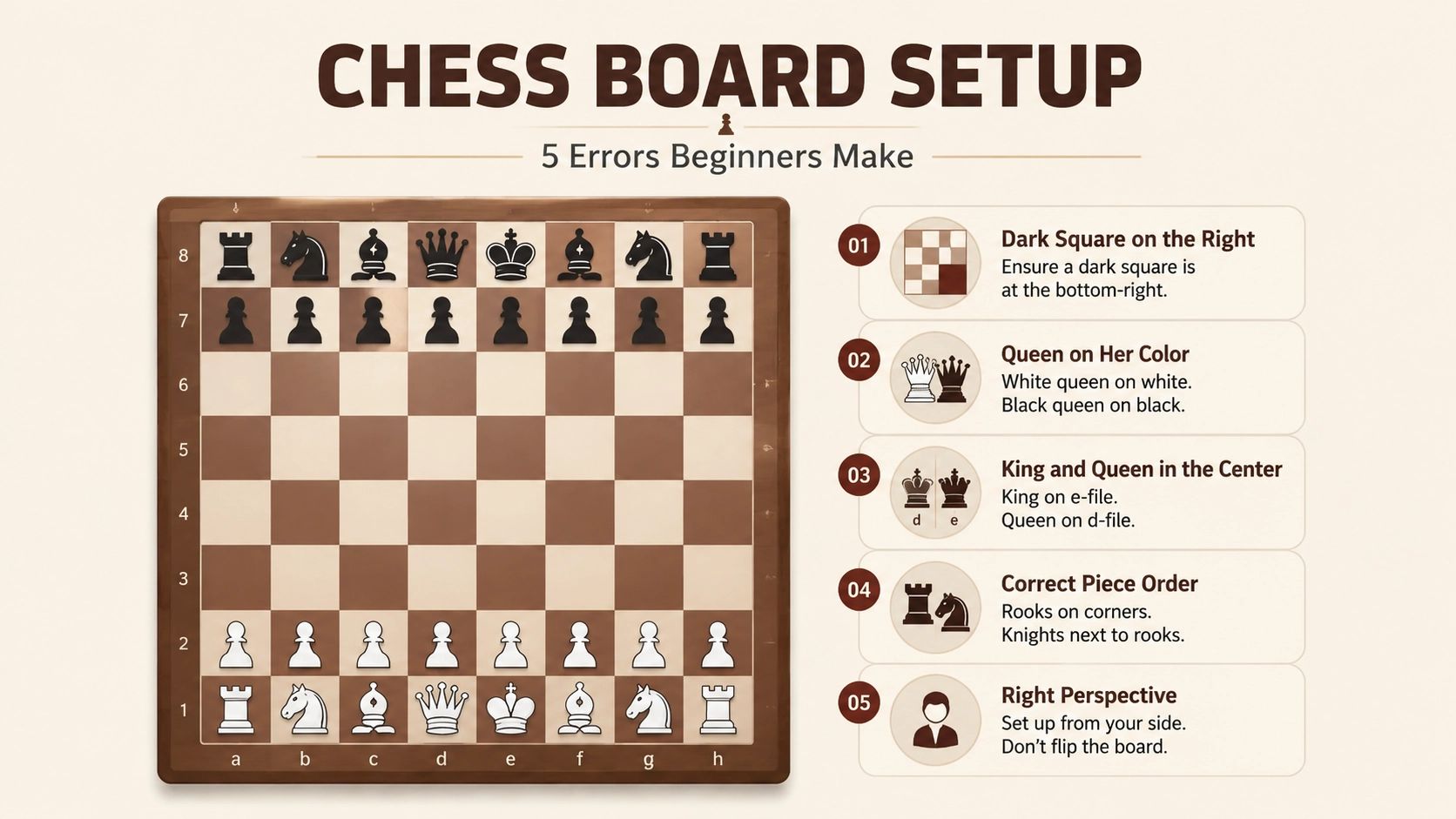 Infographic highlighting common chess board setup mistakes, including board orientation, queen placement, and mixed-up pieces.