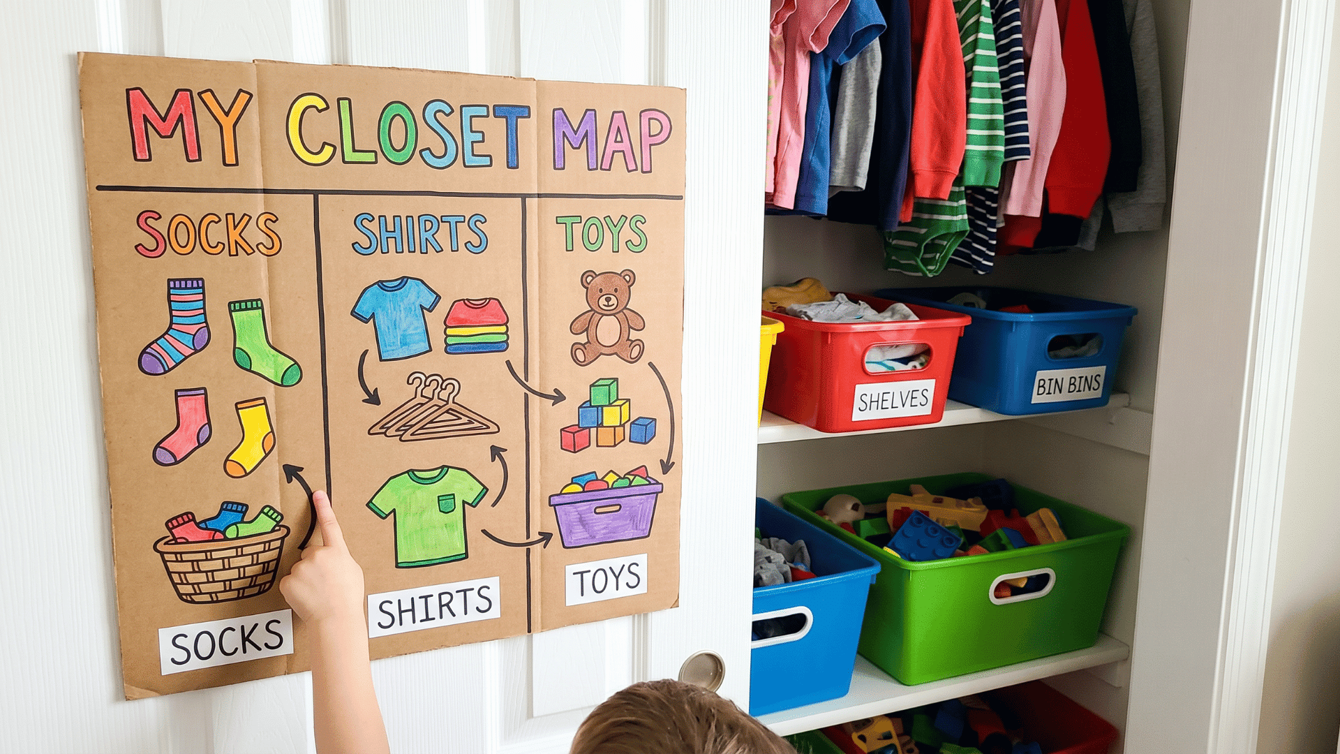 Child pointing at a colorful DIY closet chart showing where socks, shirts, and toys belong, with labeled bins and organized clothes in a nearby closet.