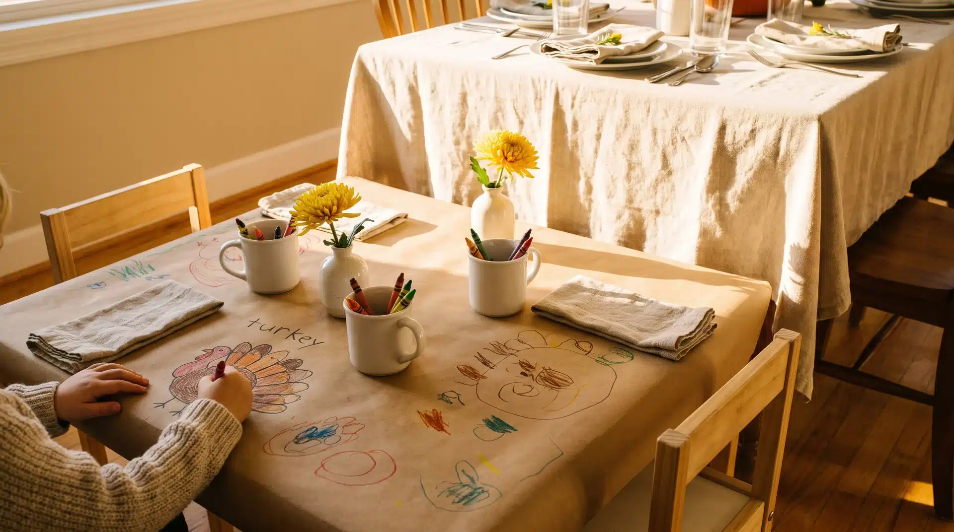Children's Thanksgiving table with kraft paper runner crayons linen napkins and bud vases beside a full adult table setting.