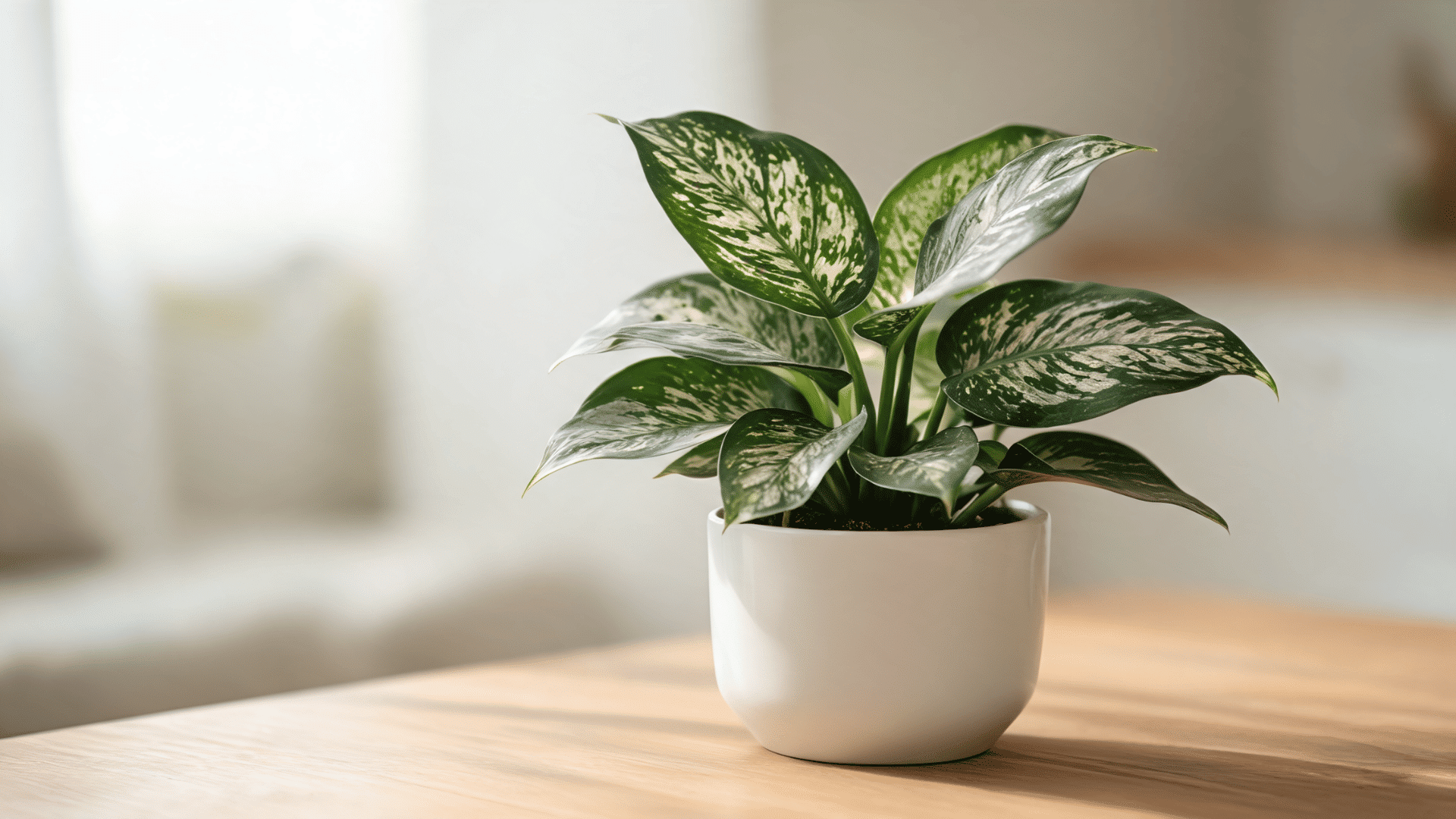 Chinese evergreen plant with patterned green and silver leaves growing in an indoor pot