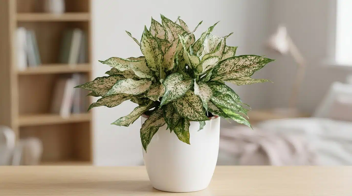 Chinese evergreen with patterned leaves in focus against a softly blurred indoor corner.