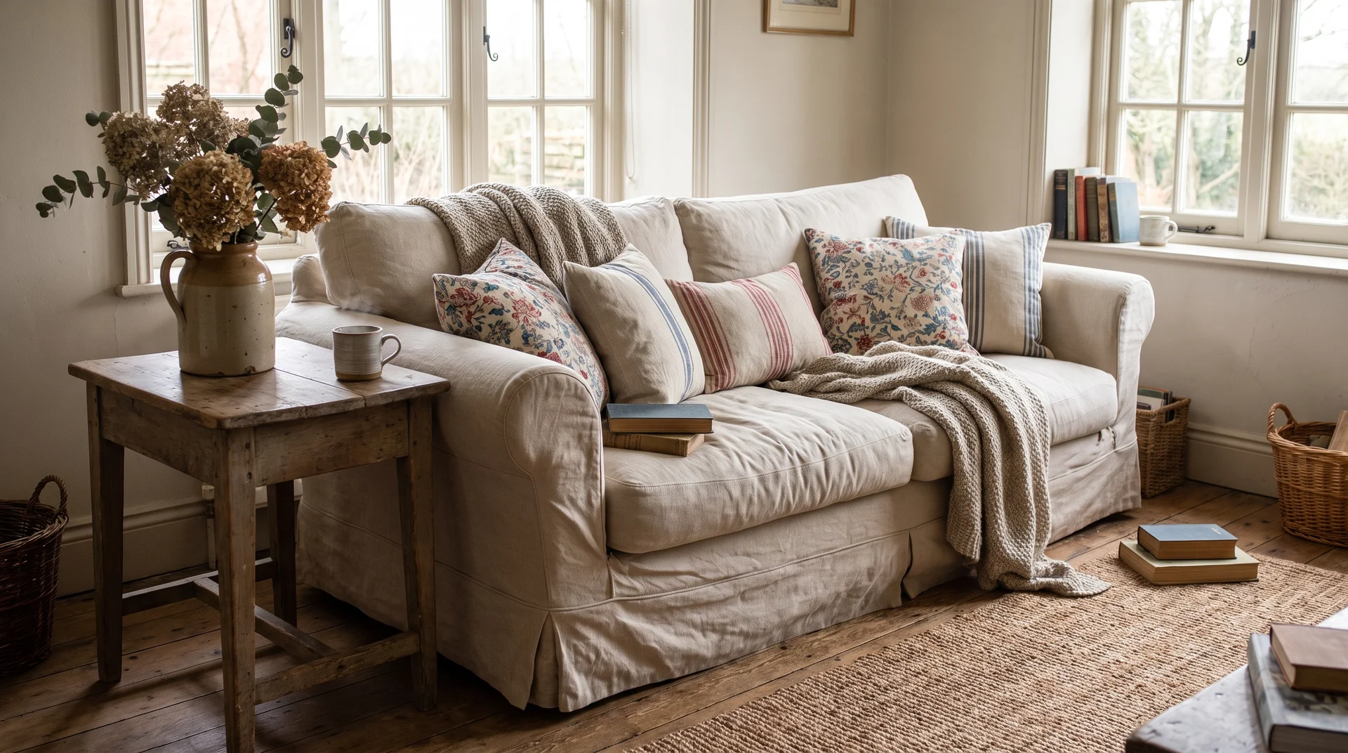 Linen sofa styled with cozy cushions and cottage living room decor.