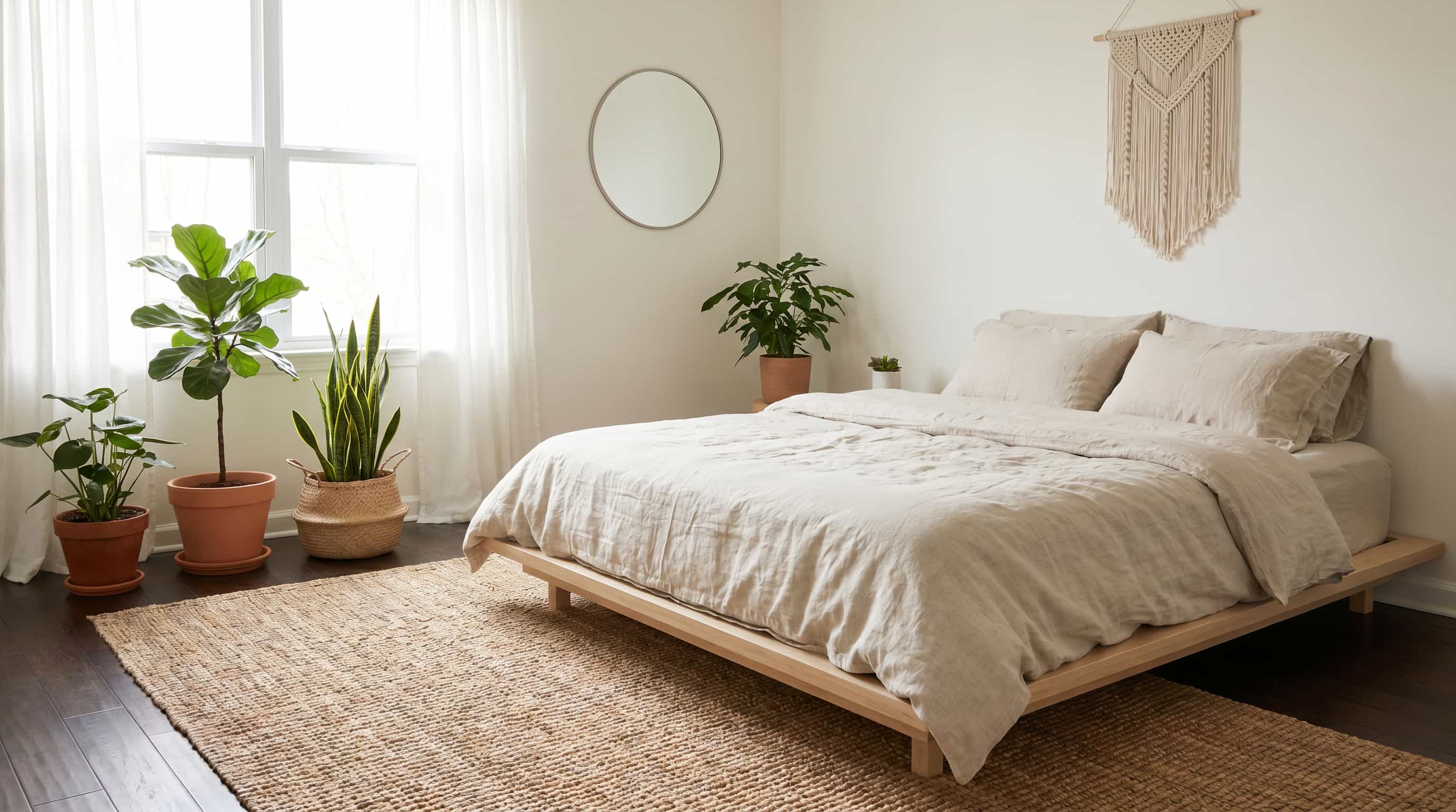 Bohemian interior design bedroom with a low wooden bed frame, plants, woven rug, and minimalist decor.