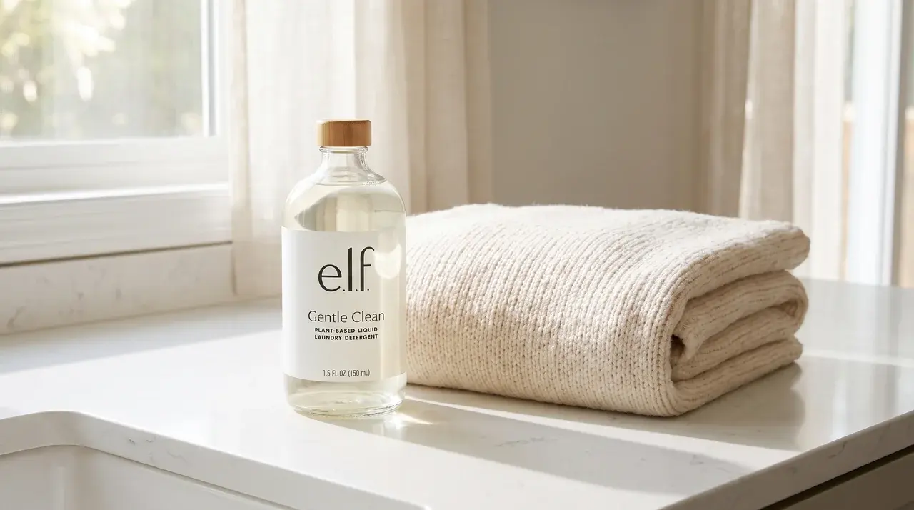 Gentle liquid laundry detergent beside a folded heated blanket for safe cleaning without damaging internal wiring.