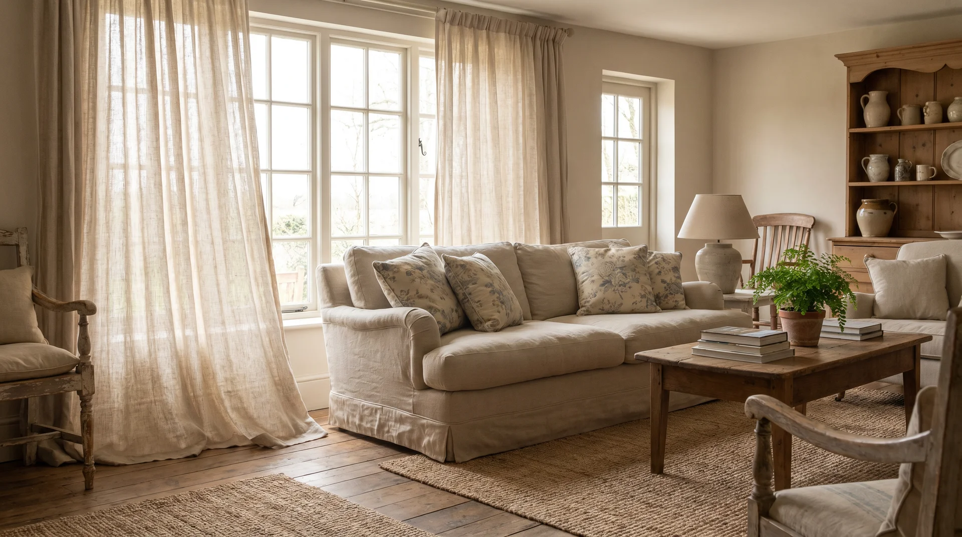 Cottage living room with soft linen curtains and natural light.