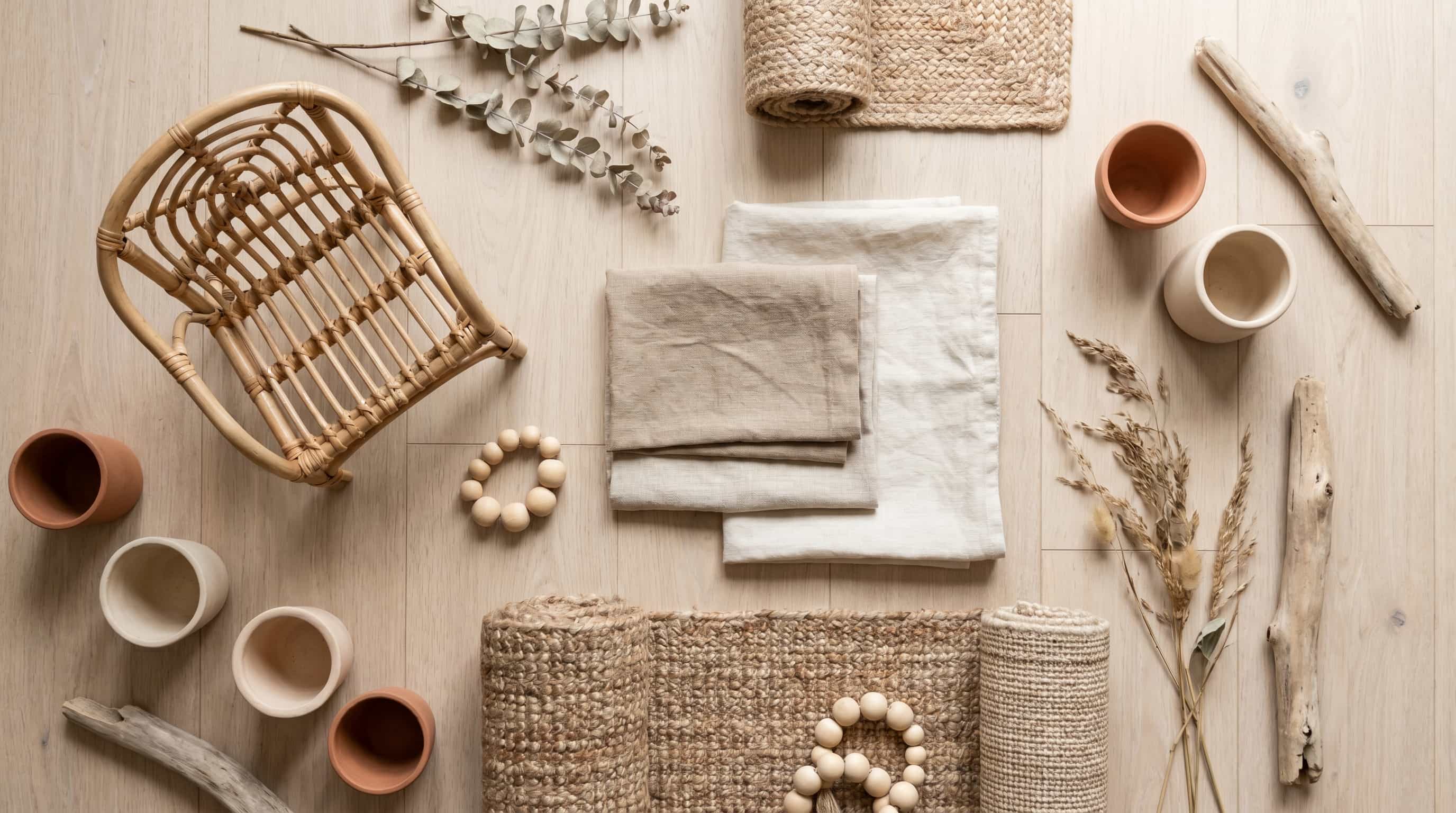 Bohemian interior design flat lay showcasing natural materials, woven textures, linen fabrics, pottery, and driftwood.