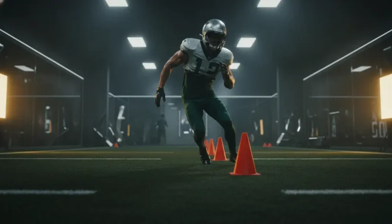 Football player running agility drills with orange cones in indoor training facility