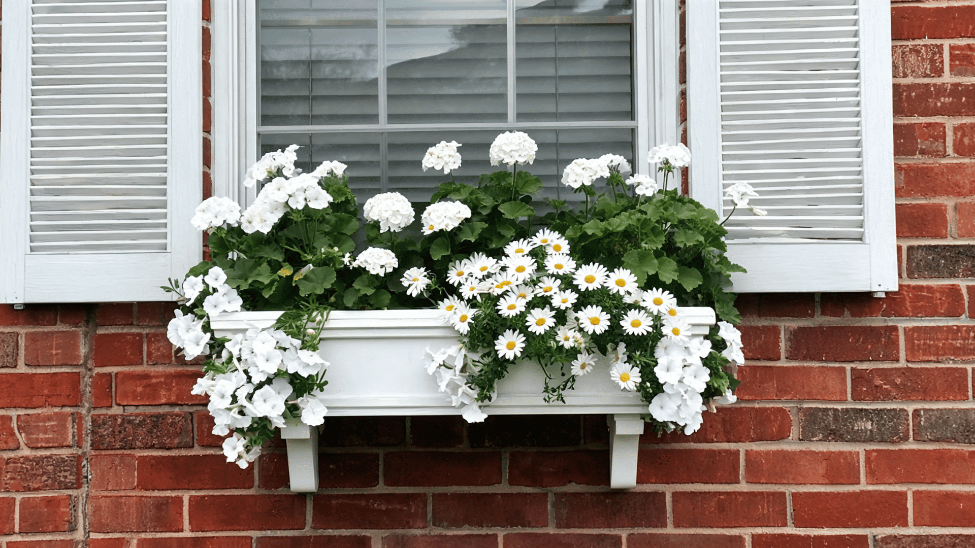 White flower window box filled with geraniums and daisies beneath a shuttered brick window.