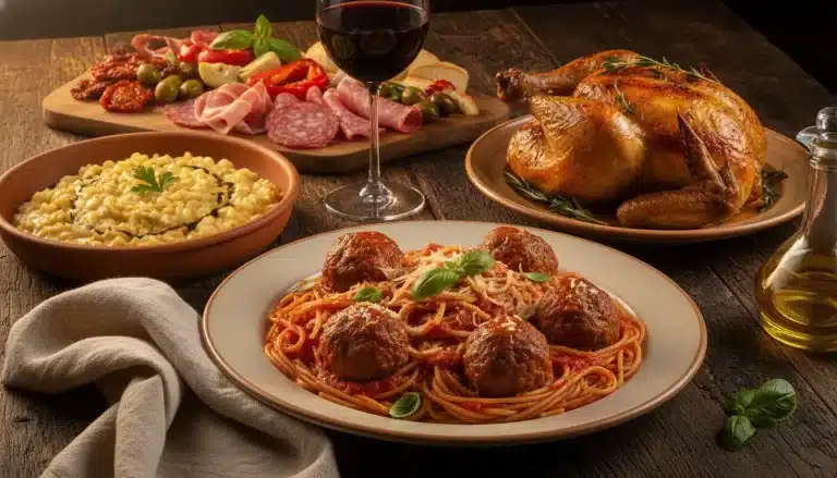 Spaghetti and meatballs with roasted chicken, risotto, and antipasto platter on wooden table